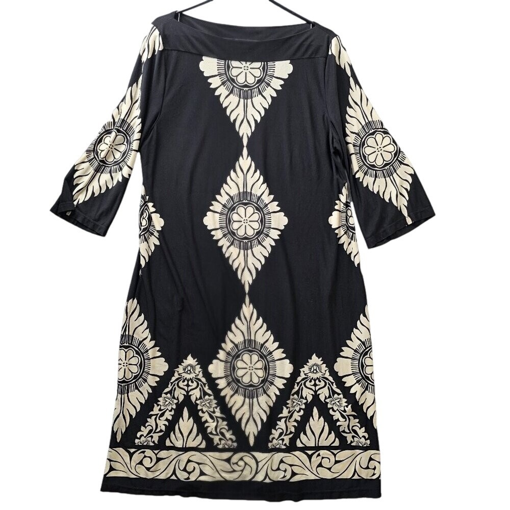 Seventh Avenue 18W Sheath Dress Black Cream Border Print Stretch‎ 3/4 Sleeve
